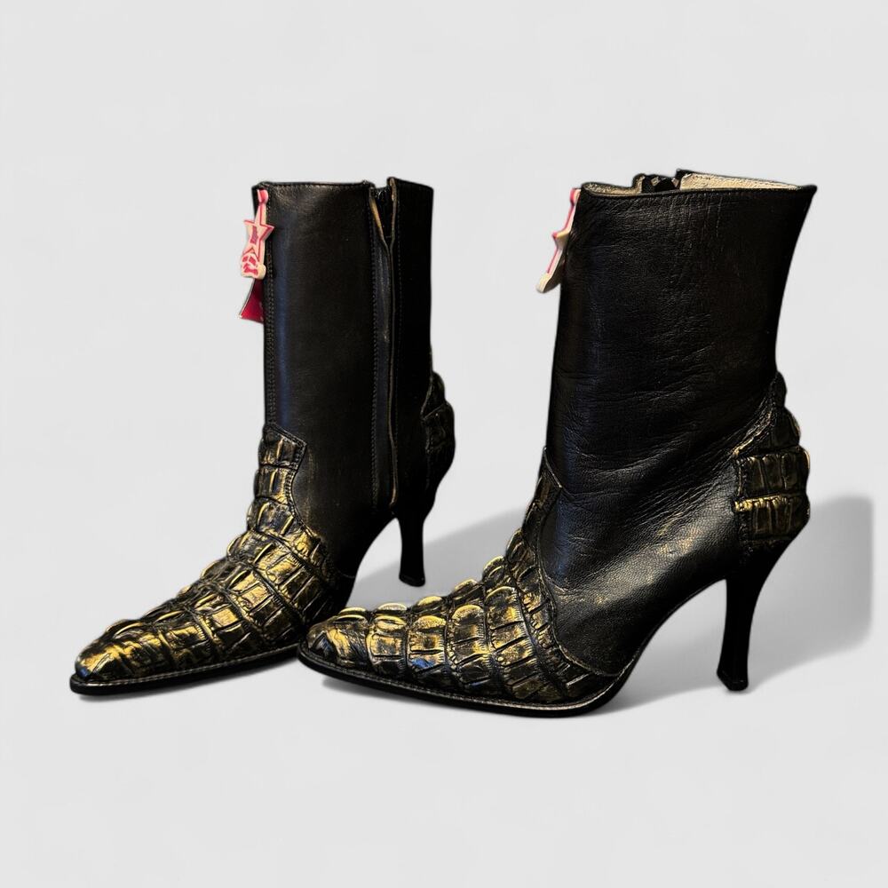 Los Altos Boots Black gold alligator Leather cowboy Western Woman Mex 24,5 7,5us